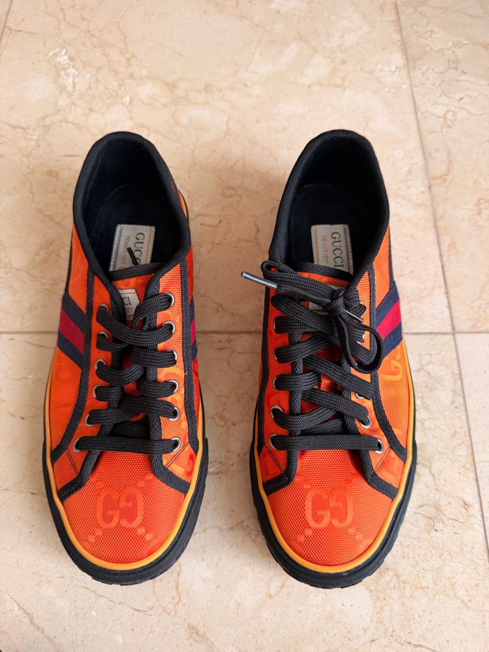 Gucci Orange and Black Men's Low-Top Sneakers with Red Stripe